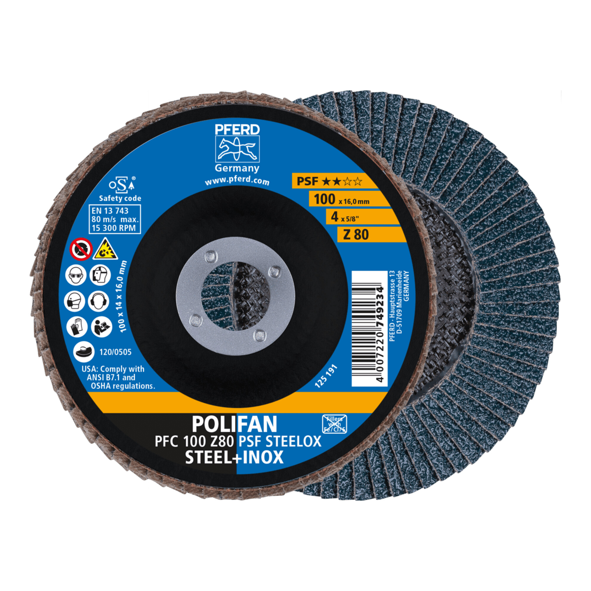 PFERD TOOLS POLIFAN Fächerscheibe PFC 100x16 mm konisch Z80 Universallinie PSF STEELOX Stahl/Edelstahl
