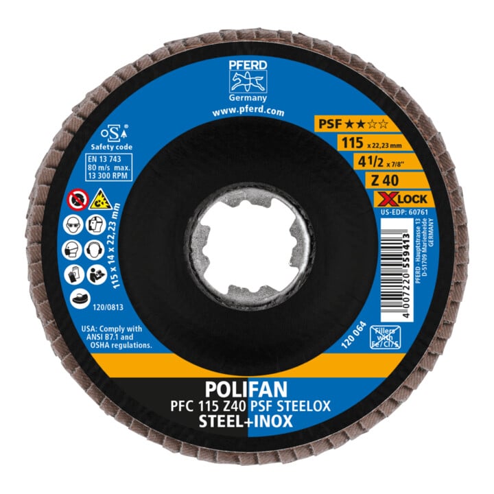 PFERD TOOLS POLIFAN Fächerscheibe PFC 115 mm X-LOCK konisch Z40 Uni.-Linie PSF STEELOX Stahl/Edelstahl