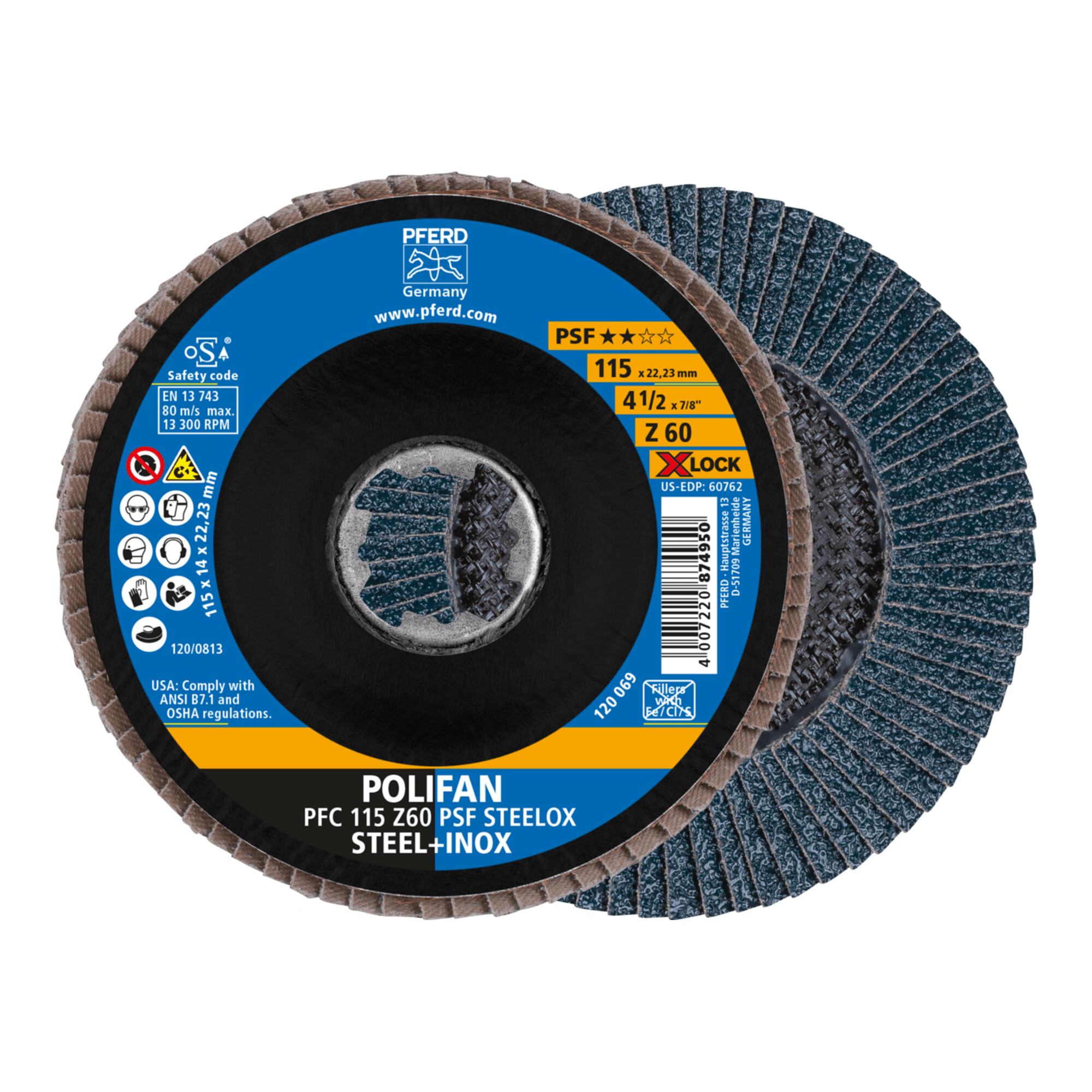 PFERD TOOLS POLIFAN Fächerscheibe PFC 115 mm X-LOCK konisch Z60 Uni.-Linie PSF STEELOX Stahl/Edelstahl