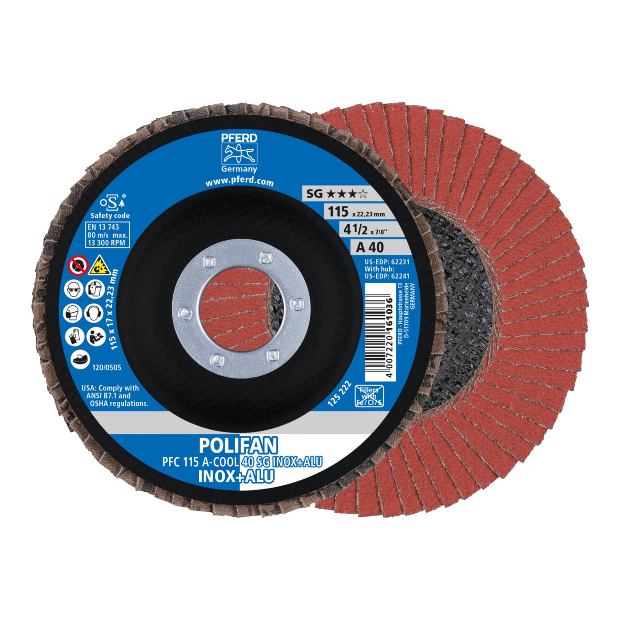 PFERD TOOLS POLIFAN Fächerscheibe PFC 115x22,23 mm konisch A-COOL 40 SG INOX+ALU Edelstahl/Alu