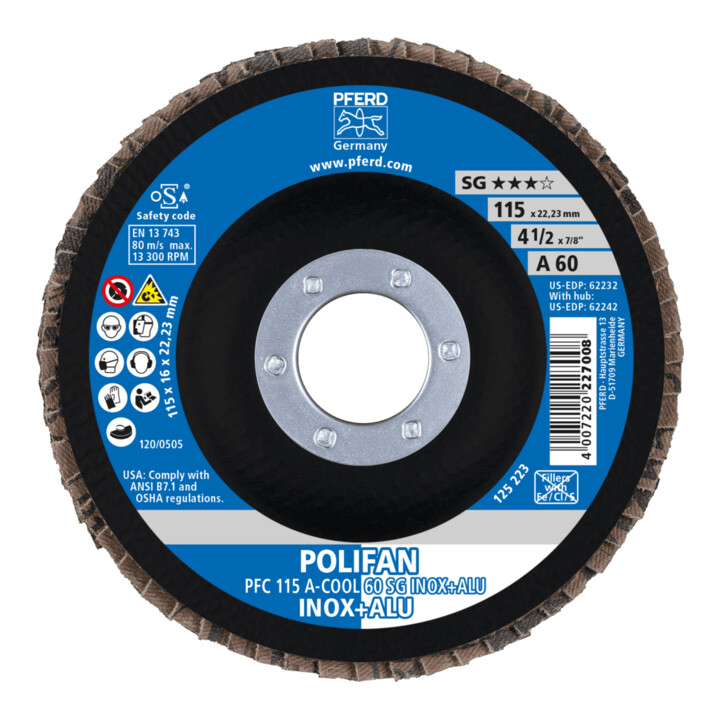 PFERD TOOLS POLIFAN Fächerscheibe PFC 115x22,23 mm konisch A-COOL 60 SG INOX+ALU Edelstahl/Alu