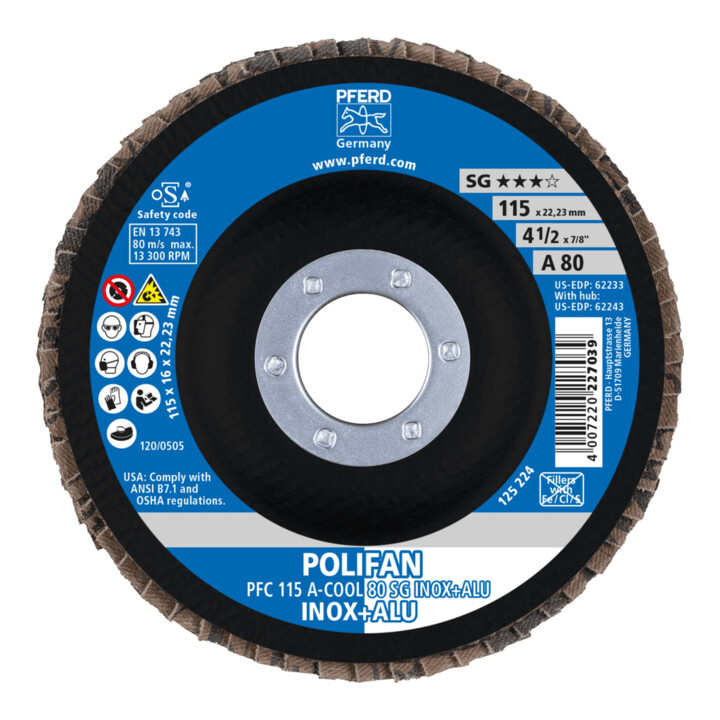 PFERD TOOLS POLIFAN Fächerscheibe PFC 115x22,23 mm konisch A-COOL 80 SG INOX+ALU Edelstahl/Alu