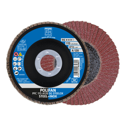PFERD TOOLS POLIFAN Fächerscheibe PFC 115x22,23 mm konisch A120 SG STEELOX Stahl/Edelstahl