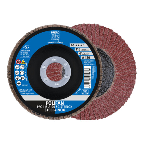 PFERD TOOLS POLIFAN Fächerscheibe PFC 115x22,23 mm konisch A120 SG STEELOX Stahl/Edelstahl