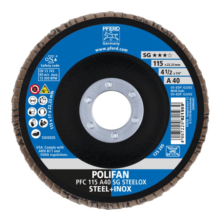 PFERD TOOLS POLIFAN Fächerscheibe PFC 115x22,23 mm konisch A40 SG STEELOX Stahl/Edelstahl
