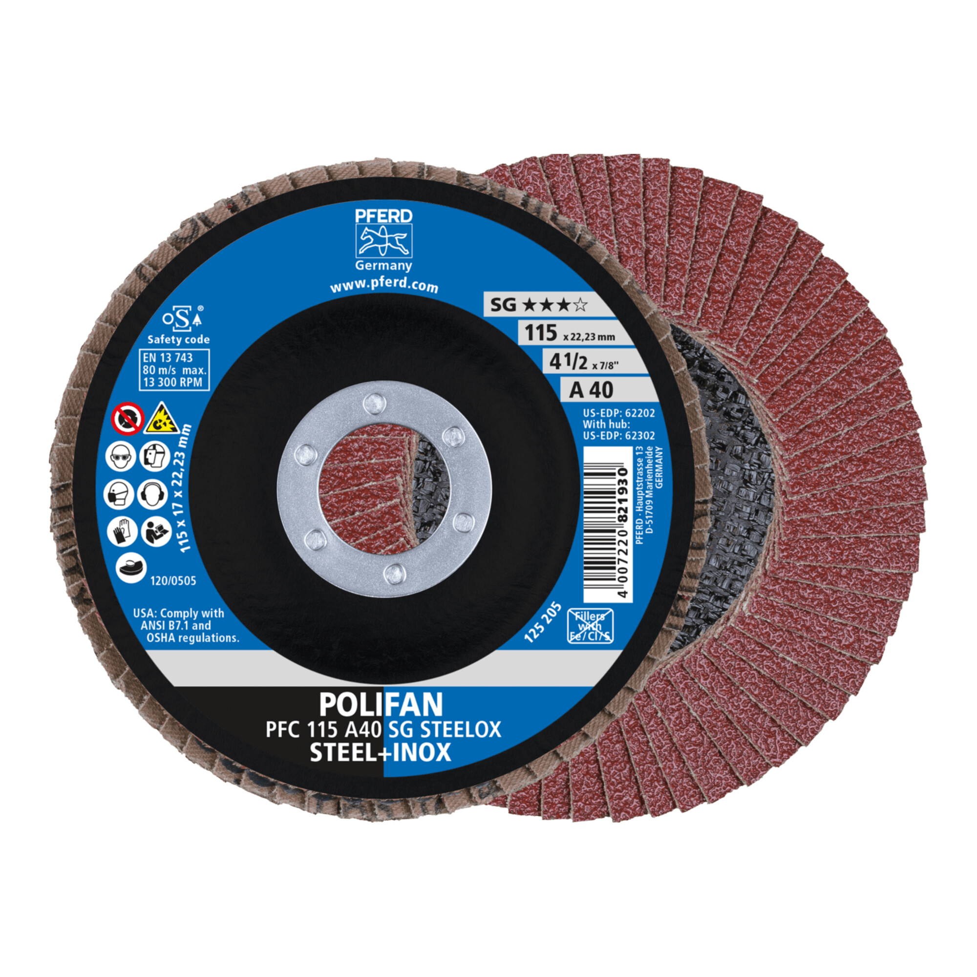 PFERD TOOLS POLIFAN Fächerscheibe PFC 115x22,23 mm konisch A40 Uni.-Linie PSF STEELOX Stahl/Edelstahl