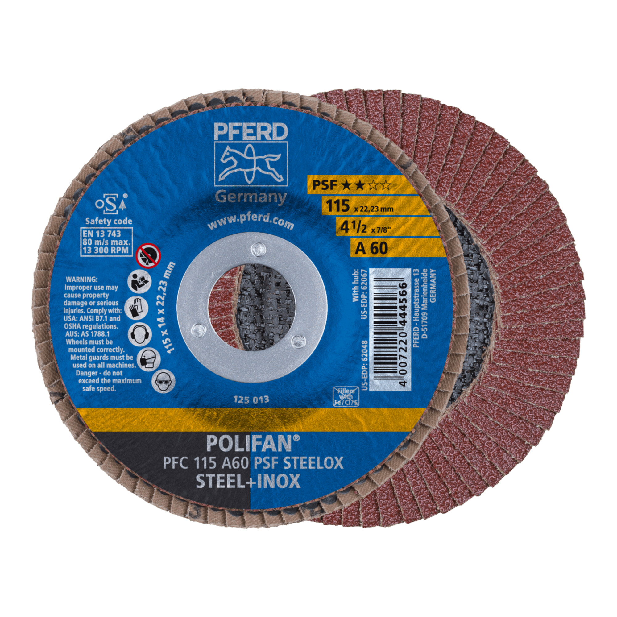 PFERD TOOLS POLIFAN Fächerscheibe PFC 115x22,23 mm konisch A60 Uni.-Linie PSF STEELOX Stahl/Edelstahl