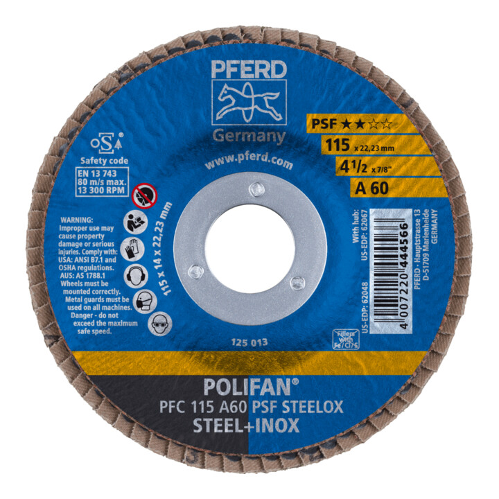 PFERD TOOLS POLIFAN Fächerscheibe PFC 115x22,23 mm konisch A60 Uni.-Linie PSF STEELOX Stahl/Edelstahl
