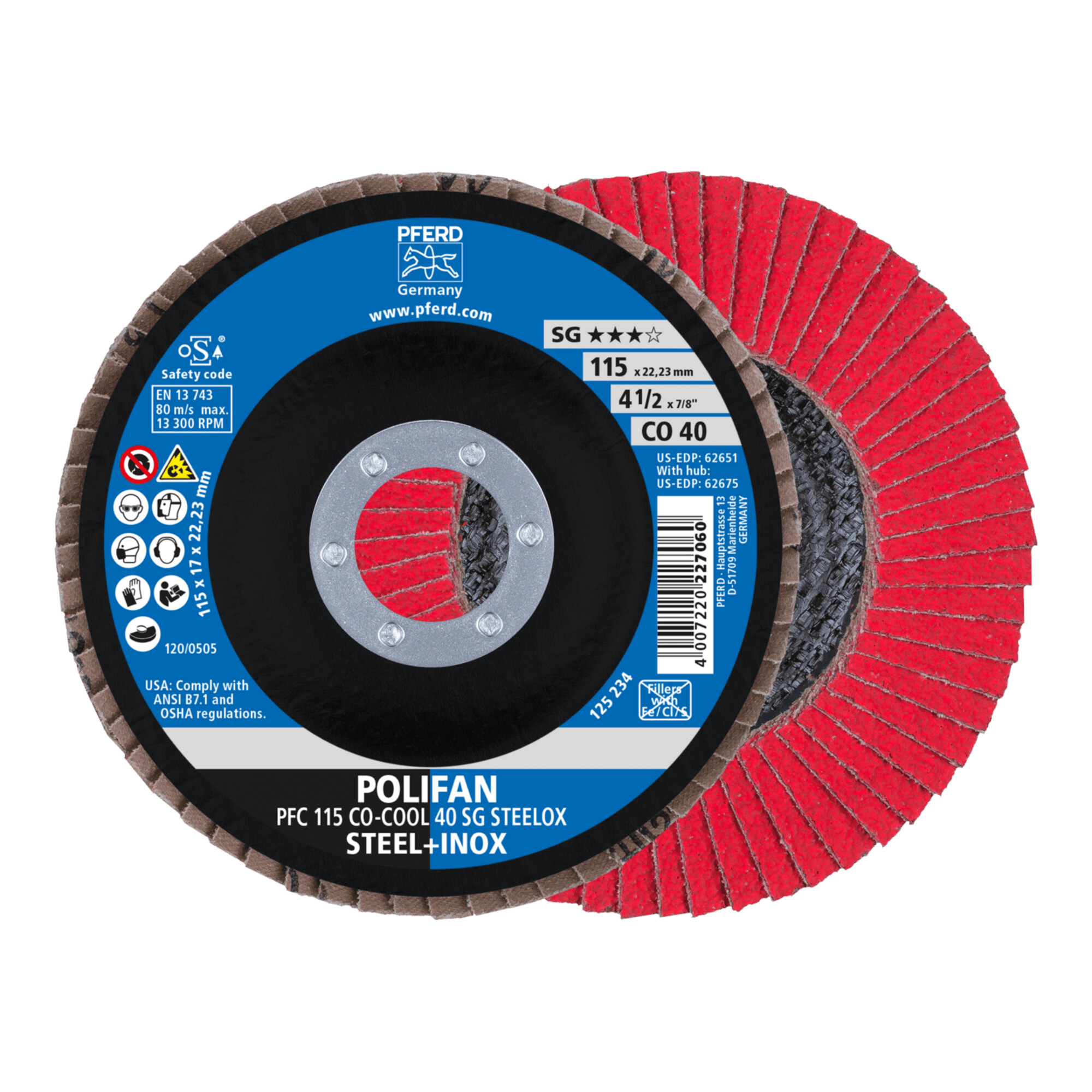 PFERD TOOLS POLIFAN Fächerscheibe PFC 115x22,23 mm konisch CO-COOL 40 SG STEELOX Stahl/Edelstahl