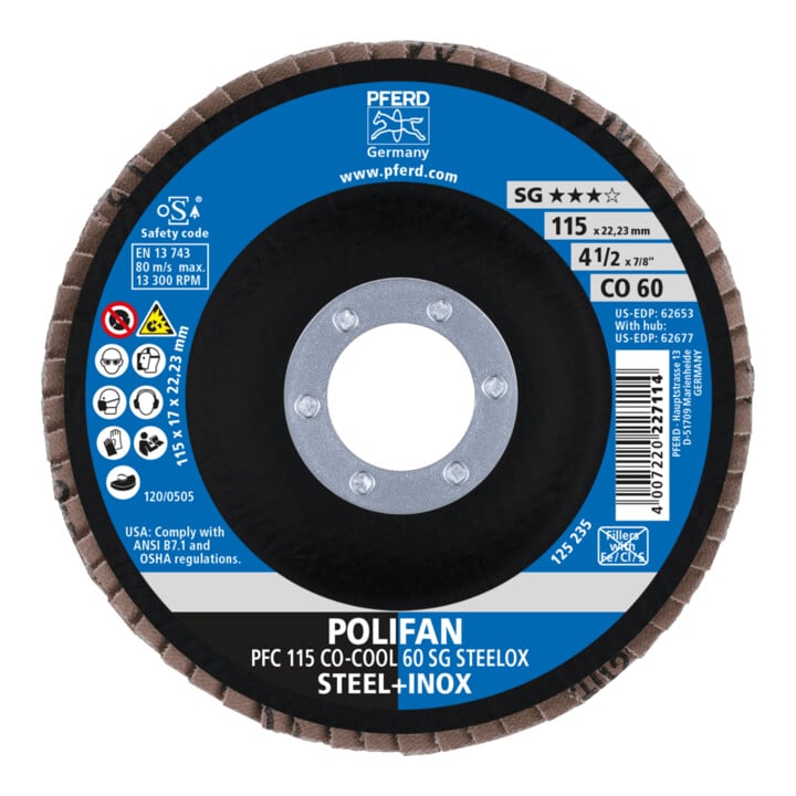 PFERD TOOLS POLIFAN Fächerscheibe PFC 115x22,23 mm konisch CO-COOL 60 SG STEELOX Stahl/Edelstahl