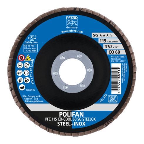 PFERD TOOLS POLIFAN Fächerscheibe PFC 115x22,23 mm konisch CO-COOL 60 SG STEELOX Stahl/Edelstahl