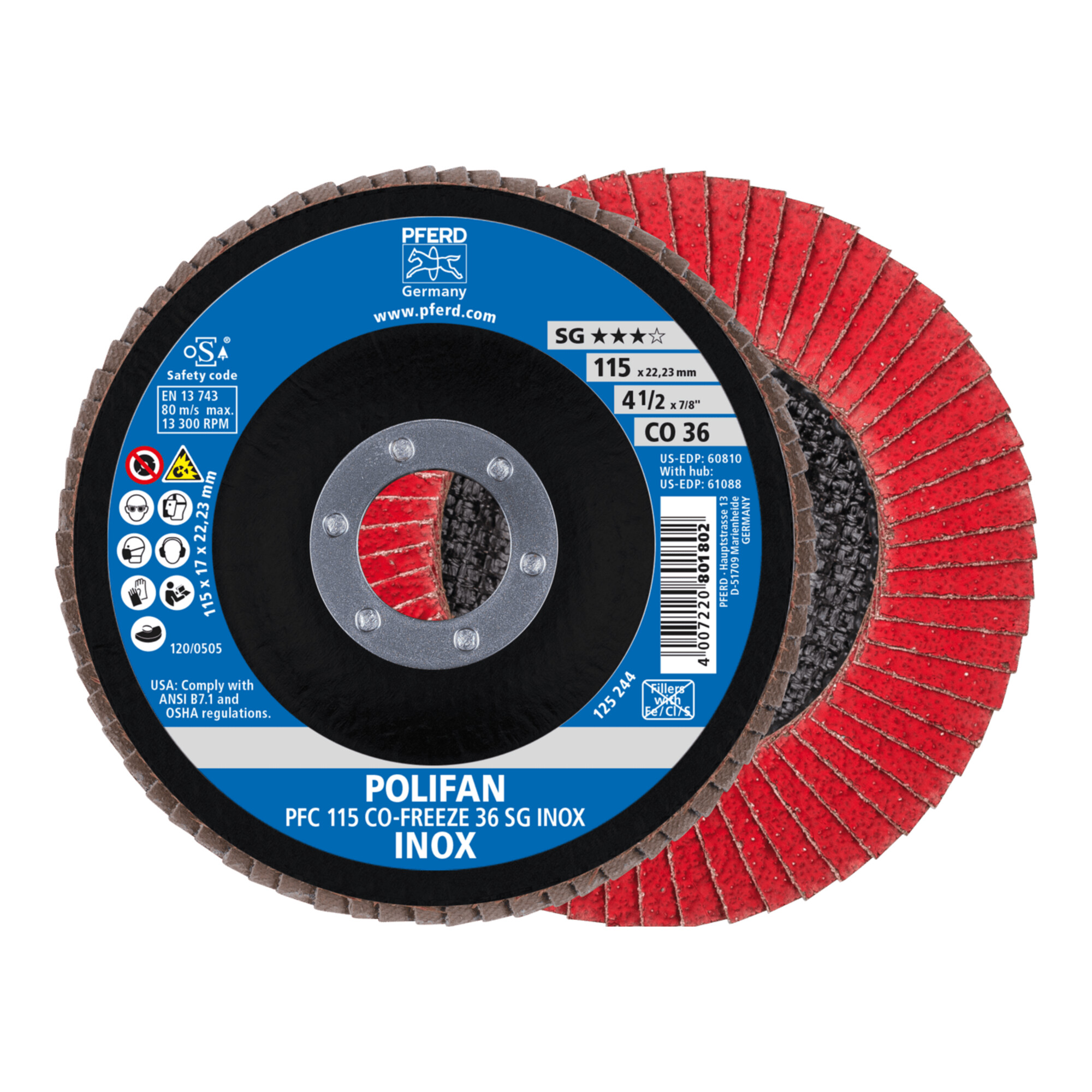 PFERD TOOLS POLIFAN Fächerscheibe PFC 115x22,23 mm konisch CO-FREEZE 36 SG INOX Edelstahl