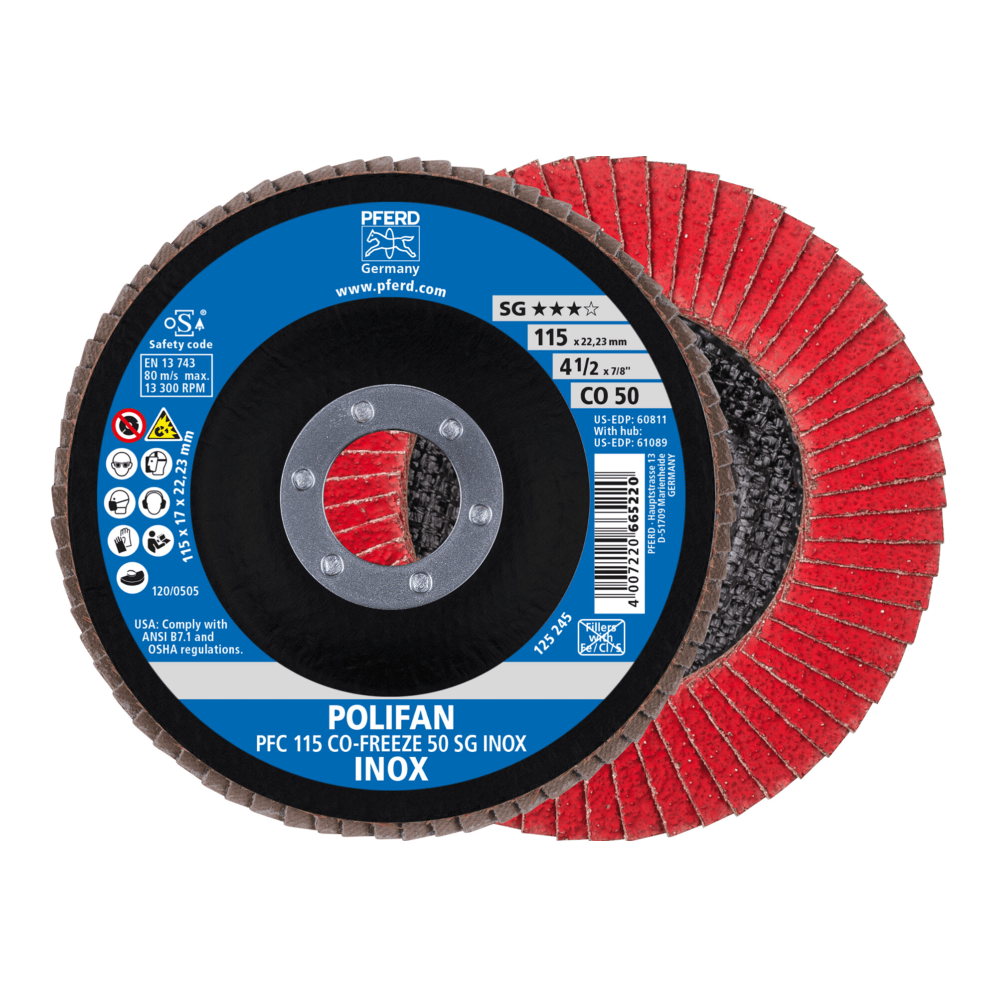 PFERD TOOLS POLIFAN Fächerscheibe PFC 115x22,23 mm konisch CO-FREEZE 50 SG INOX Edelstahl