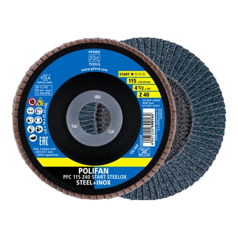 PFERD TOOLS POLIFAN Fächerscheibe PFC 115x22,23 mm konisch Z40 Startlinie START STEELOX Stahl/Edelstahl