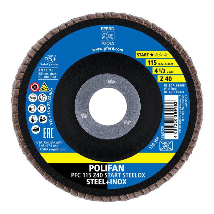 PFERD TOOLS POLIFAN Fächerscheibe PFC 115x22,23 mm konisch Z40 Startlinie START STEELOX Stahl/Edelstahl