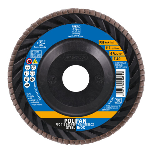PFERD TOOLS POLIFAN Fächerscheibe PFC 115x22,23 mm konisch Z40 Universallinie PSF TRIM STEELOX für Stahl/Edelstahl
