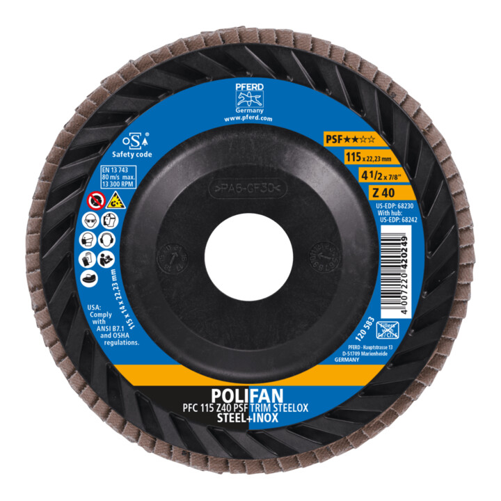 PFERD TOOLS POLIFAN Fächerscheibe PFC 115x22,23 mm konisch Z40 Universallinie PSF TRIM STEELOX für Stahl/Edelstahl