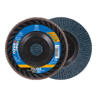PFERD TOOLS POLIFAN Fächerscheibe PFC 115x22,23 mm konisch Z60 Universallinie PSF TRIM STEELOX für Stahl/Edelstahl