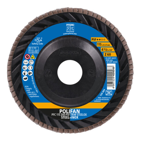 PFERD TOOLS POLIFAN Fächerscheibe PFC 115x22,23 mm konisch Z60 Universallinie PSF TRIM STEELOX für Stahl/Edelstahl