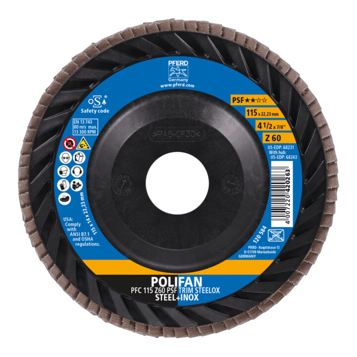 PFERD TOOLS POLIFAN Fächerscheibe PFC 115x22,23 mm konisch Z60 Universallinie PSF TRIM STEELOX für Stahl/Edelstahl