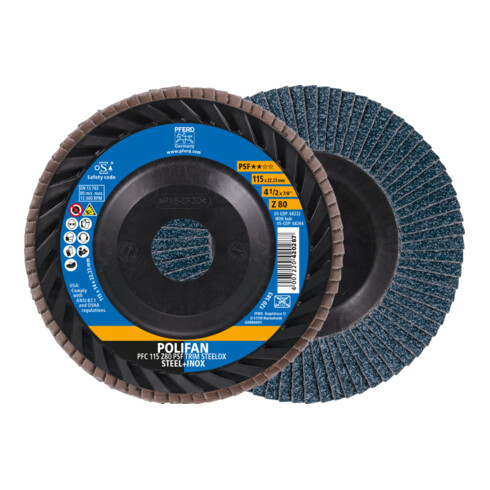 PFERD TOOLS POLIFAN Fächerscheibe PFC 115x22,23 mm konisch Z80 Universallinie PSF TRIM STEELOX für Stahl/Edelstahl