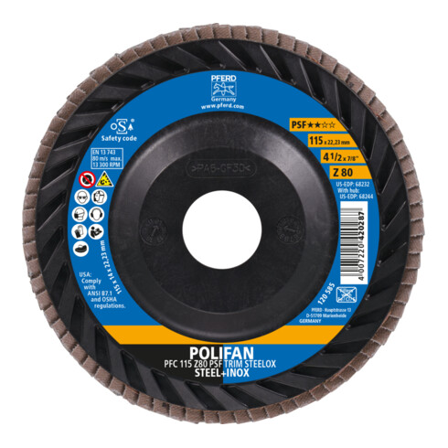 PFERD TOOLS POLIFAN Fächerscheibe PFC 115x22,23 mm konisch Z80 Universallinie PSF TRIM STEELOX für Stahl/Edelstahl