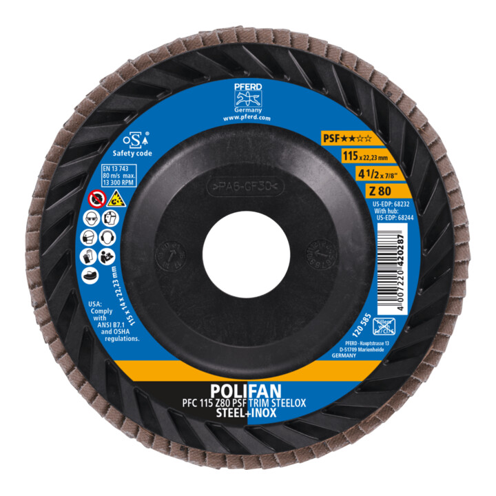 PFERD TOOLS POLIFAN Fächerscheibe PFC 115x22,23 mm konisch Z80 Universallinie PSF TRIM STEELOX für Stahl/Edelstahl