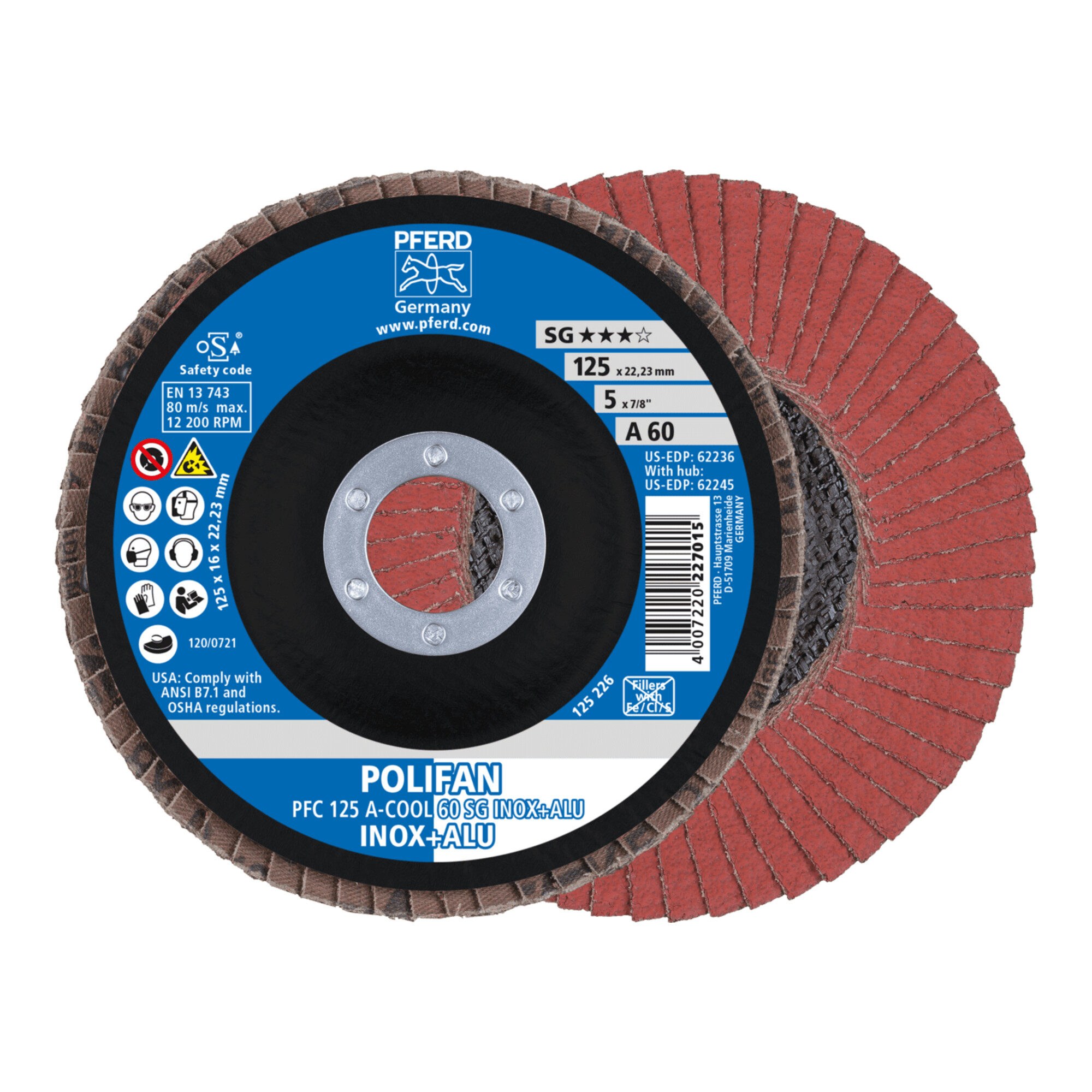 PFERD TOOLS POLIFAN Fächerscheibe PFC 125x22,23 mm konisch A-COOL 60 SG INOX+ALU Edelstahl/Alu