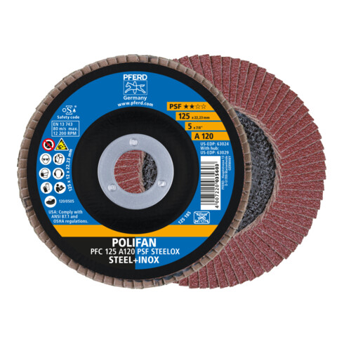 PFERD TOOLS POLIFAN Fächerscheibe PFC 125x22,23 mm konisch A120 Uni.-Linie PSF STEELOX Stahl/Edelstahl