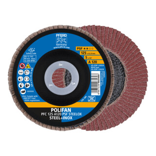 PFERD TOOLS POLIFAN Fächerscheibe PFC 125x22,23 mm konisch A120 Uni.-Linie PSF STEELOX Stahl/Edelstahl