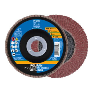 PFERD TOOLS POLIFAN Fächerscheibe PFC 125x22,23 mm konisch A120 Uni.-Linie PSF STEELOX Stahl/Edelstahl