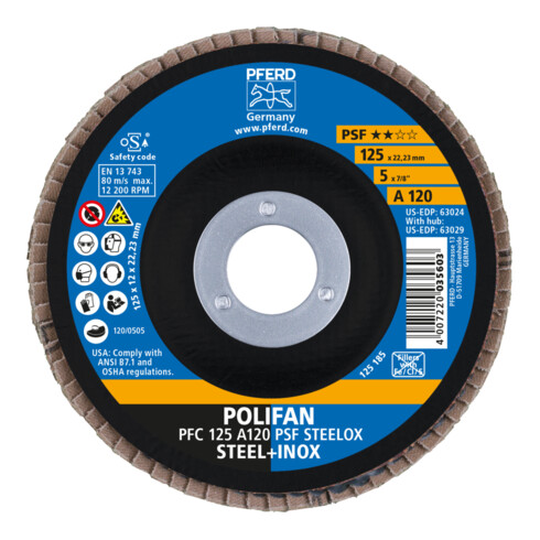 PFERD TOOLS POLIFAN Fächerscheibe PFC 125x22,23 mm konisch A120 Uni.-Linie PSF STEELOX Stahl/Edelstahl