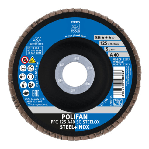 PFERD TOOLS POLIFAN Fächerscheibe PFC 125x22,23 mm konisch A40 SG STEELOX Stahl/Edelstahl