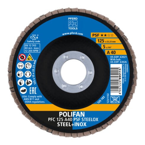 PFERD TOOLS POLIFAN Fächerscheibe PFC 125x22,23 mm konisch A40 Uni.-Linie PSF STEELOX Stahl/Edelstahl
