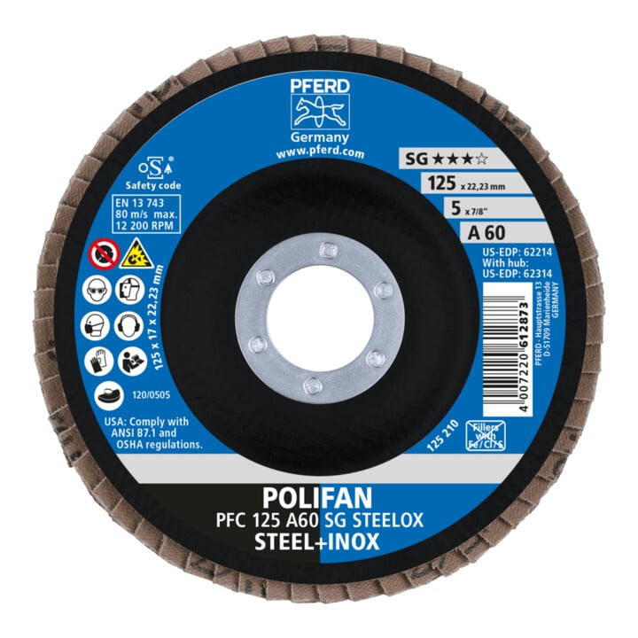 PFERD TOOLS POLIFAN Fächerscheibe PFC 125x22,23 mm konisch A60 SG STEELOX Stahl/Edelstahl