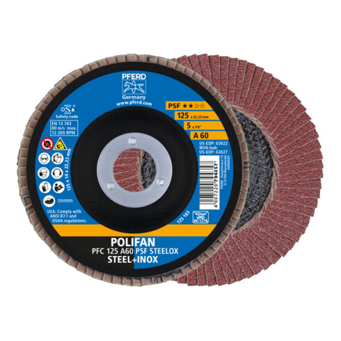 PFERD TOOLS POLIFAN Fächerscheibe PFC 125x22,23 mm konisch A60 Uni.-Linie PSF STEELOX Stahl/Edelstahl