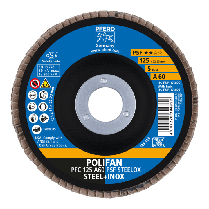 PFERD TOOLS POLIFAN Fächerscheibe PFC 125x22,23 mm konisch A60 Uni.-Linie PSF STEELOX Stahl/Edelstahl