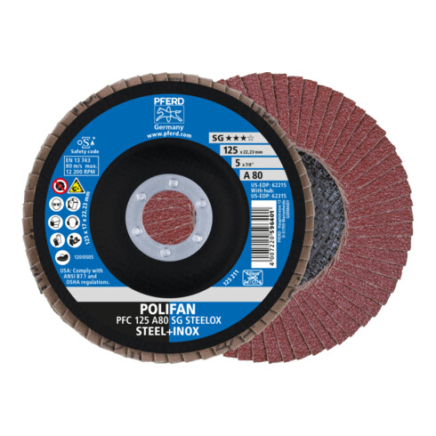 PFERD TOOLS POLIFAN Fächerscheibe PFC 125x22,23 mm konisch A80 SG STEELOX Stahl/Edelstahl