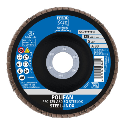 PFERD TOOLS POLIFAN Fächerscheibe PFC 125x22,23 mm konisch A80 SG STEELOX Stahl/Edelstahl