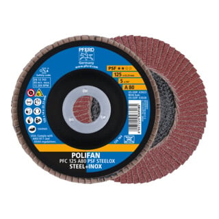 PFERD TOOLS POLIFAN Fächerscheibe PFC 125x22,23 mm konisch A80 Uni.-Linie PSF STEELOX Stahl/Edelstahl