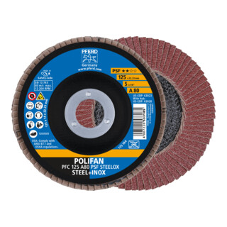 PFERD TOOLS POLIFAN Fächerscheibe PFC 125x22,23 mm konisch A80 Uni.-Linie PSF STEELOX Stahl/Edelstahl