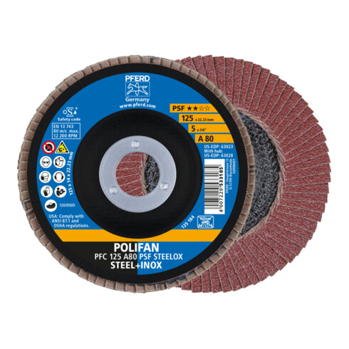 PFERD TOOLS POLIFAN Fächerscheibe PFC 125x22,23 mm konisch A80 Uni.-Linie PSF STEELOX Stahl/Edelstahl