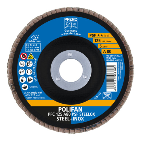 PFERD TOOLS POLIFAN Fächerscheibe PFC 125x22,23 mm konisch A80 Uni.-Linie PSF STEELOX Stahl/Edelstahl