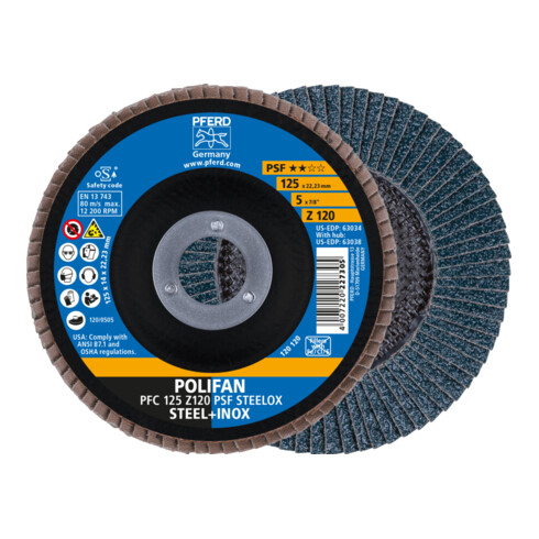 PFERD TOOLS POLIFAN Fächerscheibe PFC 125x22,23 mm konisch Z120 Uni.-Linie PSF STEELOX Stahl/Edelstahl