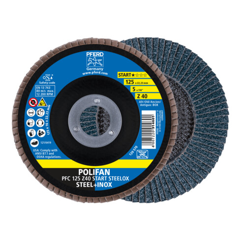 PFERD TOOLS POLIFAN Fächerscheibe PFC 125x22,23 mm konisch Z40 Startlinie START STEELOX Stahl/Edelstahl