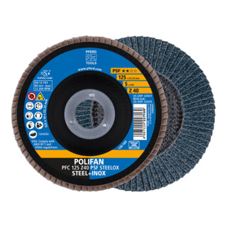 PFERD TOOLS POLIFAN Fächerscheibe PFC 125x22,23 mm konisch Z40 Uni.-Linie PSF STEELOX Stahl/Edelstahl