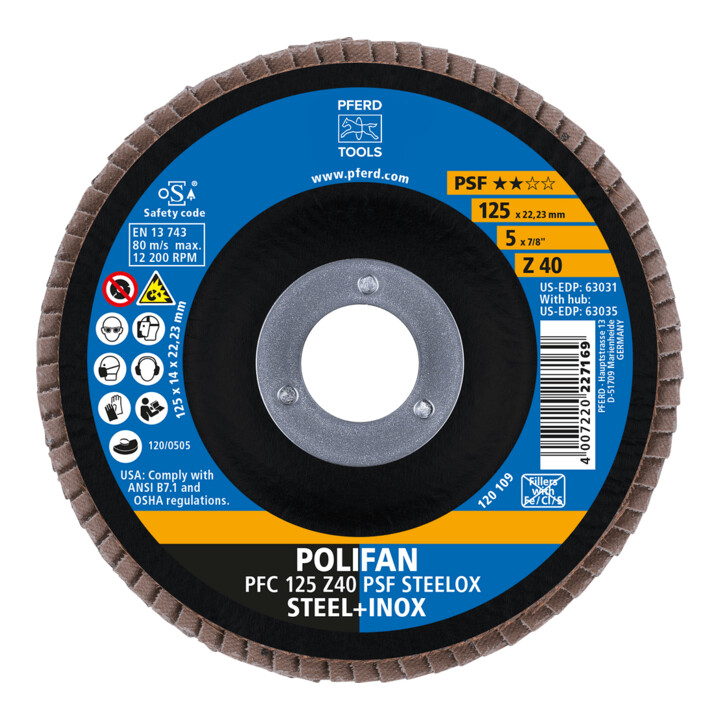 PFERD TOOLS POLIFAN Fächerscheibe PFC 125x22,23 mm konisch Z40 Uni.-Linie PSF STEELOX Stahl/Edelstahl