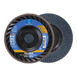 PFERD TOOLS POLIFAN Fächerscheibe PFC 125x22,23 mm konisch Z40 Universallinie PSF TRIM STEELOX für Stahl/Edelstahl