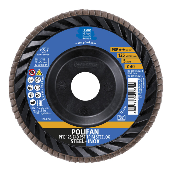 PFERD TOOLS POLIFAN Fächerscheibe PFC 125x22,23 mm konisch Z40 Universallinie PSF TRIM STEELOX für Stahl/Edelstahl