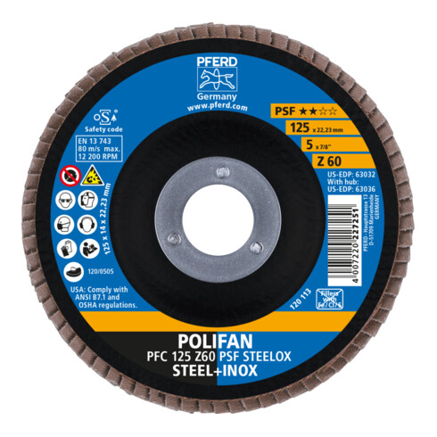 PFERD TOOLS POLIFAN Fächerscheibe PFC 125x22,23 mm konisch Z60 Uni.-Linie PSF STEELOX Stahl/Edelstahl